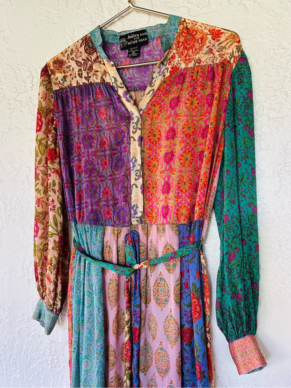 Vintage Judith Ann For Heiser-Egan 100% Silk Patchwork Boho Midi Dress Tie Waist - Picture 9 of 10